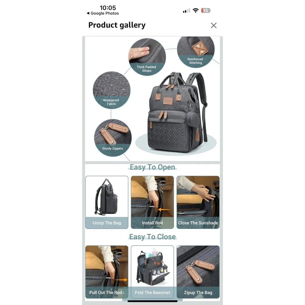Baby Diaper Bag Backpack Changing Station Waterproof Lots of Compartments Grey